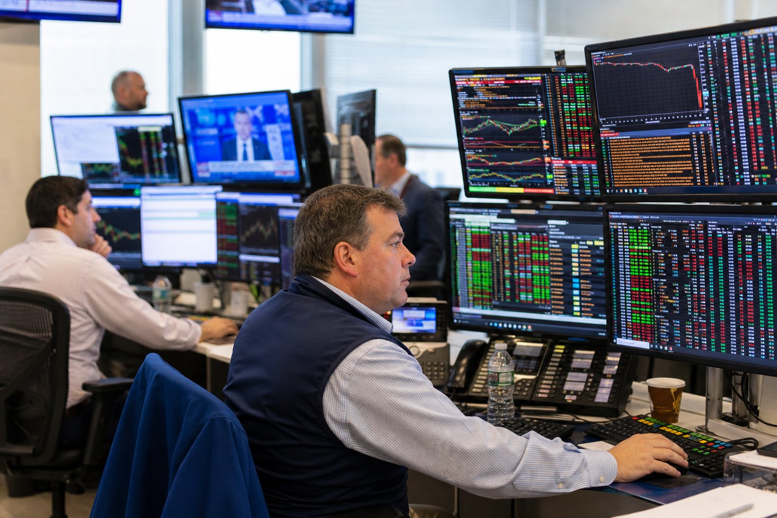 Editorial illustration: A photorealistic Bloomberg-style scene on a real U.S. trading floor during bright daytime, with anonymous traders and an