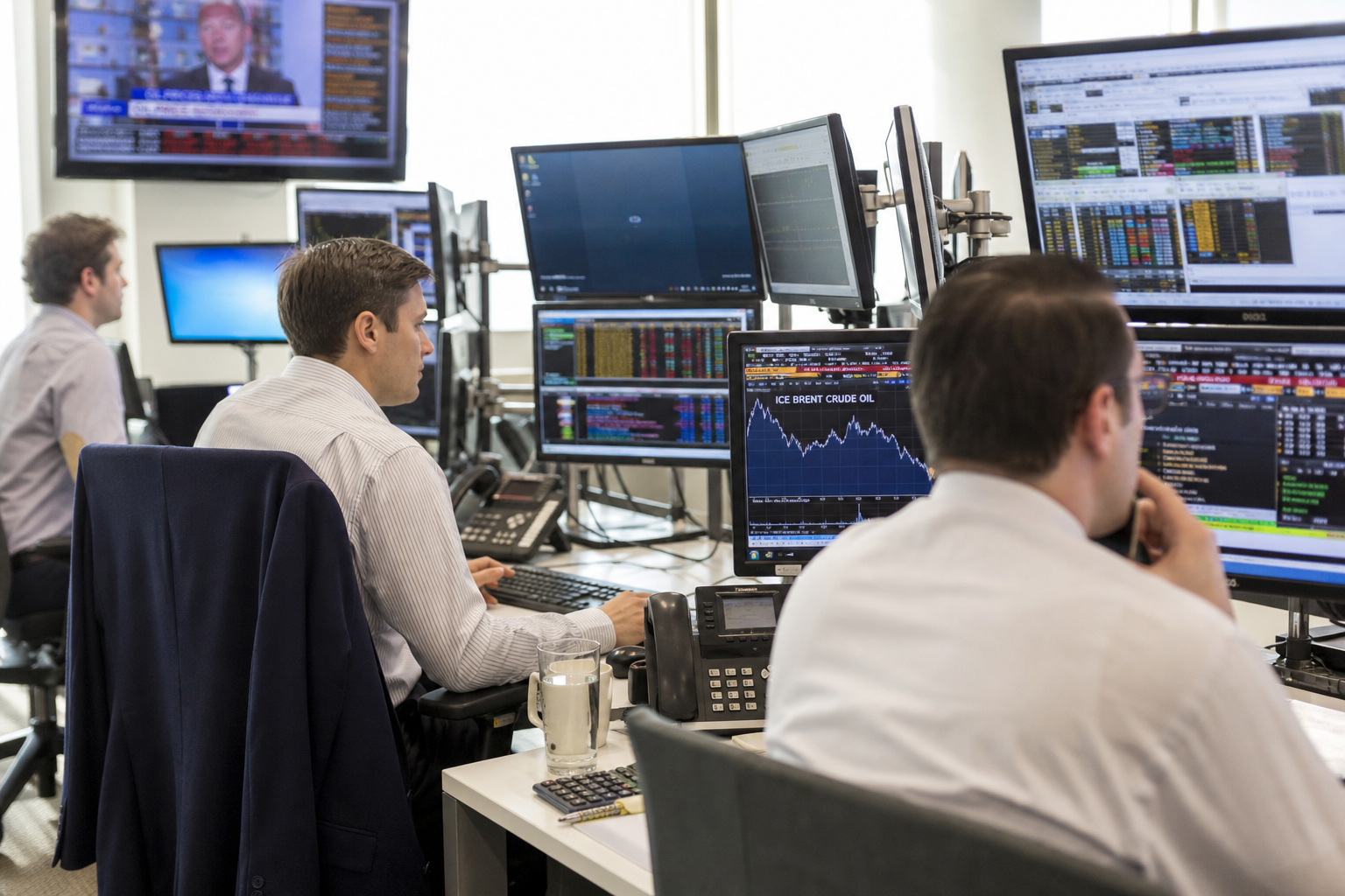 Editorial illustration: A photorealistic Reuters-style business-news photograph of anonymous energy traders and macro analysts working at a brig