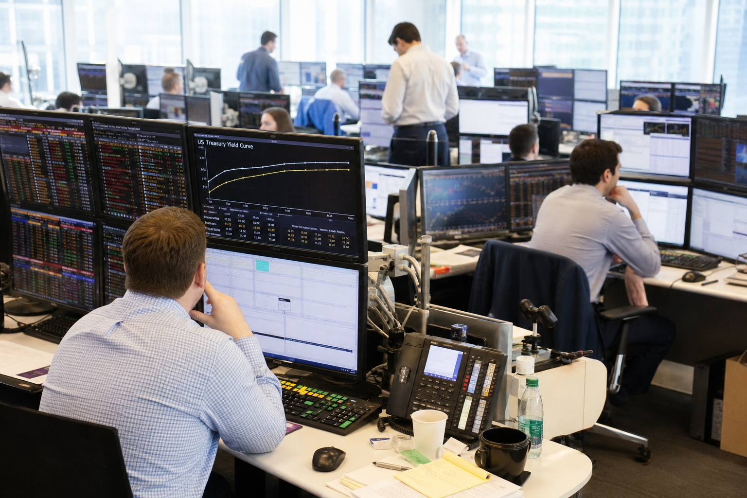 Editorial illustration: A photorealistic Bloomberg-style photograph of an active U.S. trading floor and fixed-income analyst desk during bright