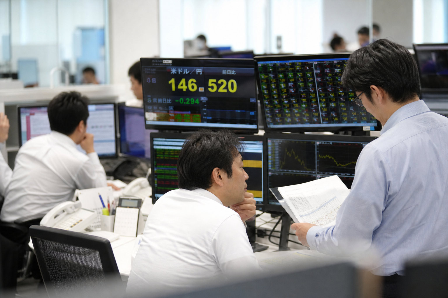 Editorial illustration: A photorealistic Bloomberg-style business-news photograph of a Tokyo brokerage trading desk during bright daytime, with