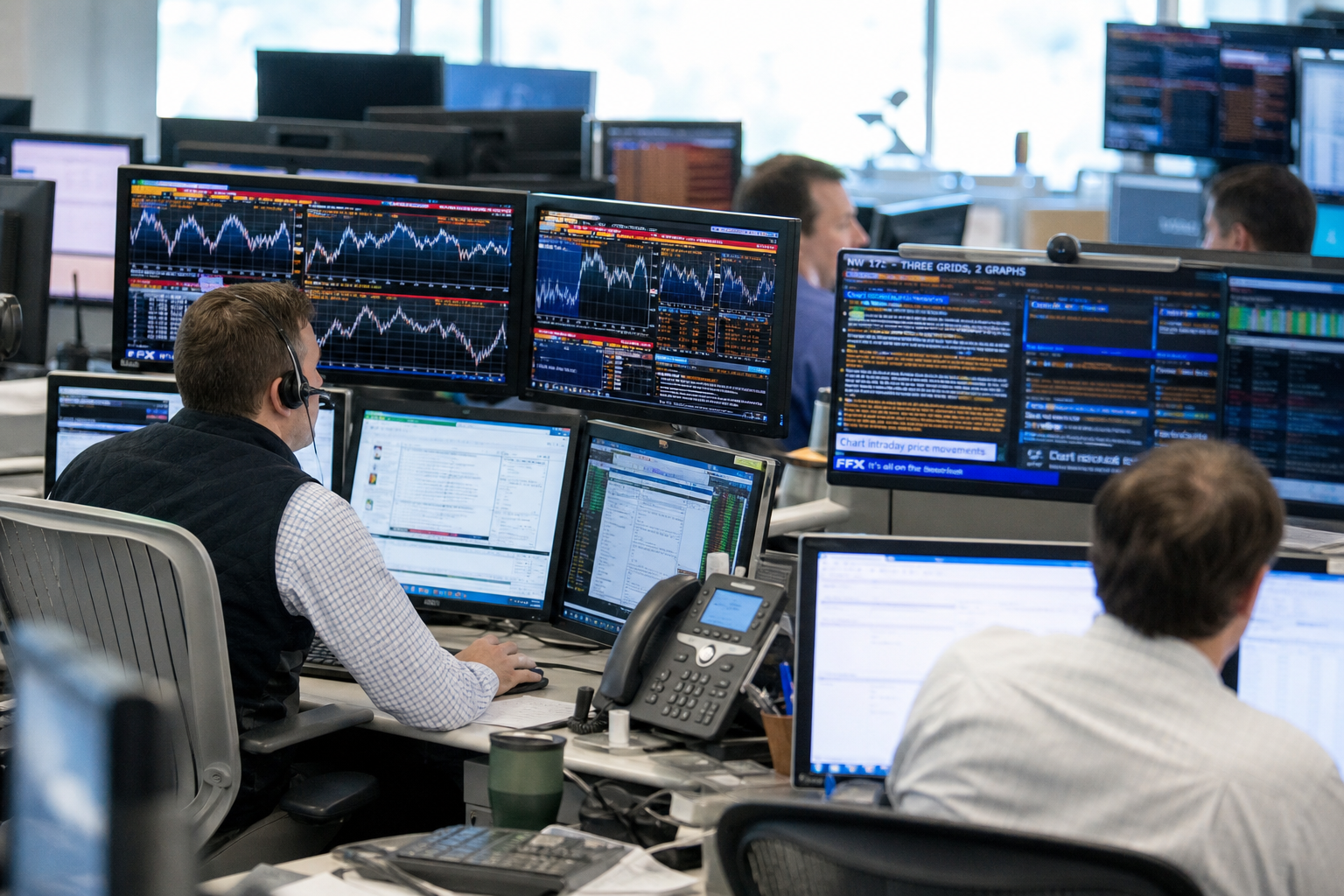 Editorial illustration: A photorealistic business-news photograph of an active U.S. rates and macro trading desk during daylight, with anonymous