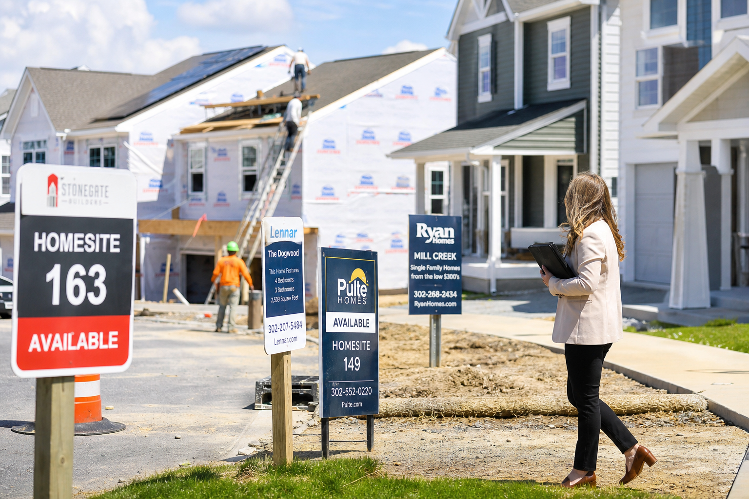 Editorial illustration: A photorealistic business-news photograph of a suburban U.S. residential neighborhood with several real estate signs and