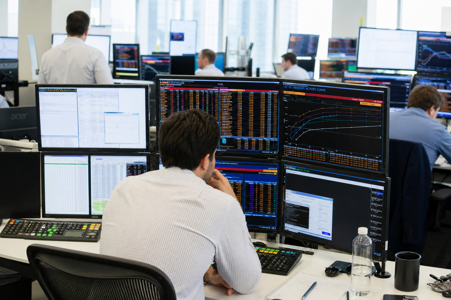Editorial illustration: A photorealistic Bloomberg-style photograph of a fixed-income trading desk during bright daytime hours, with anonymous t