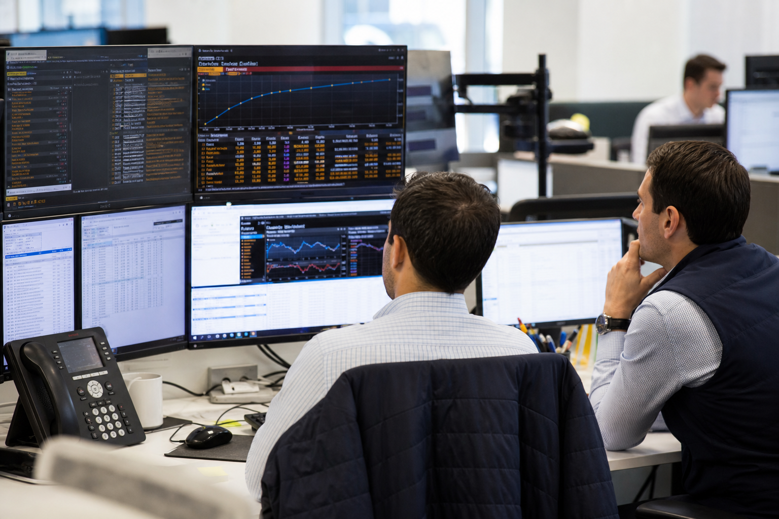 Editorial illustration: A photorealistic Reuters-style business-news photograph of anonymous U.S. Treasury market activity: an over-the-shoulder