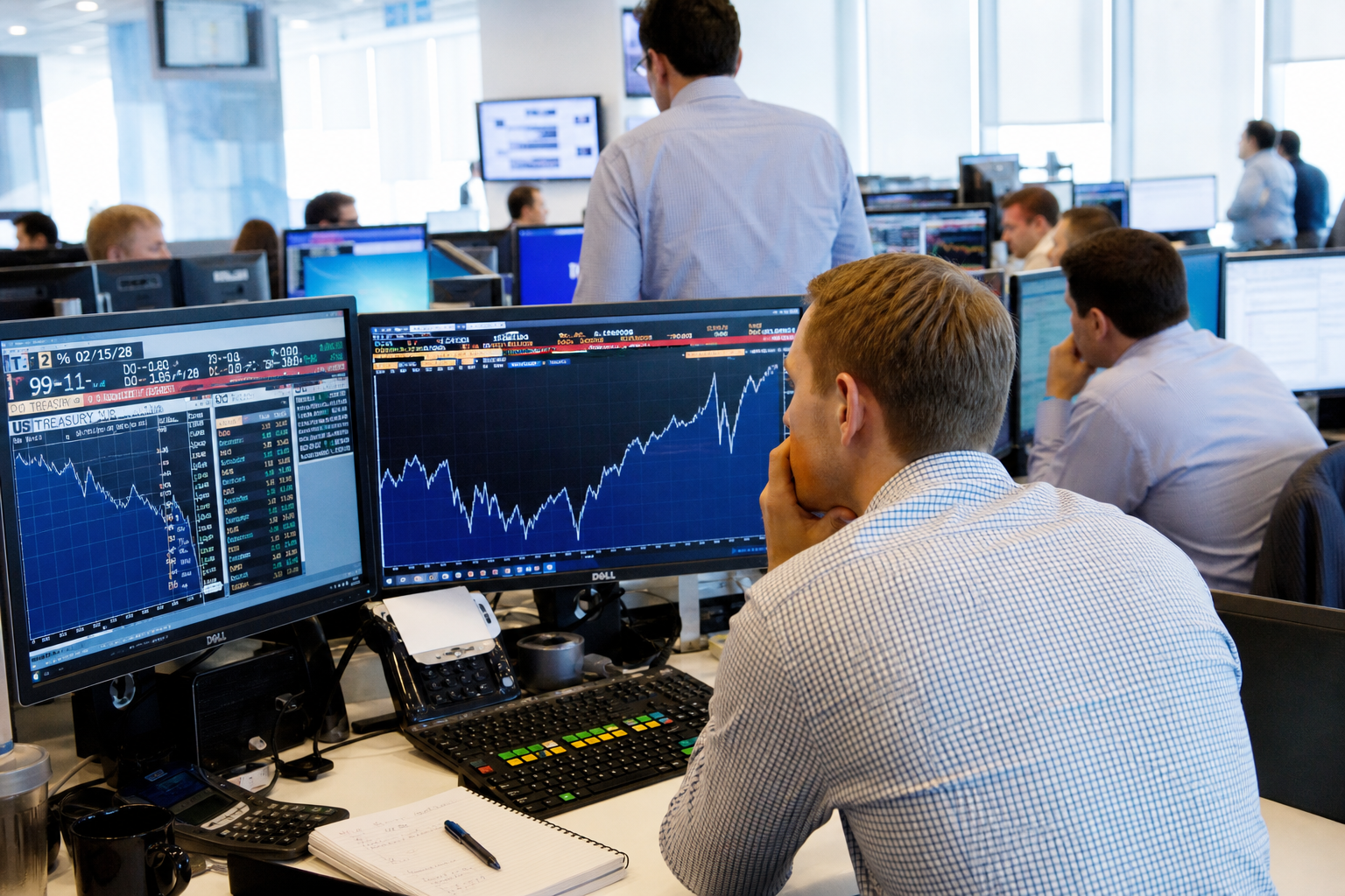 Editorial illustration: A photorealistic Bloomberg-style business news photograph of an active fixed-income trading desk during bright daytime h