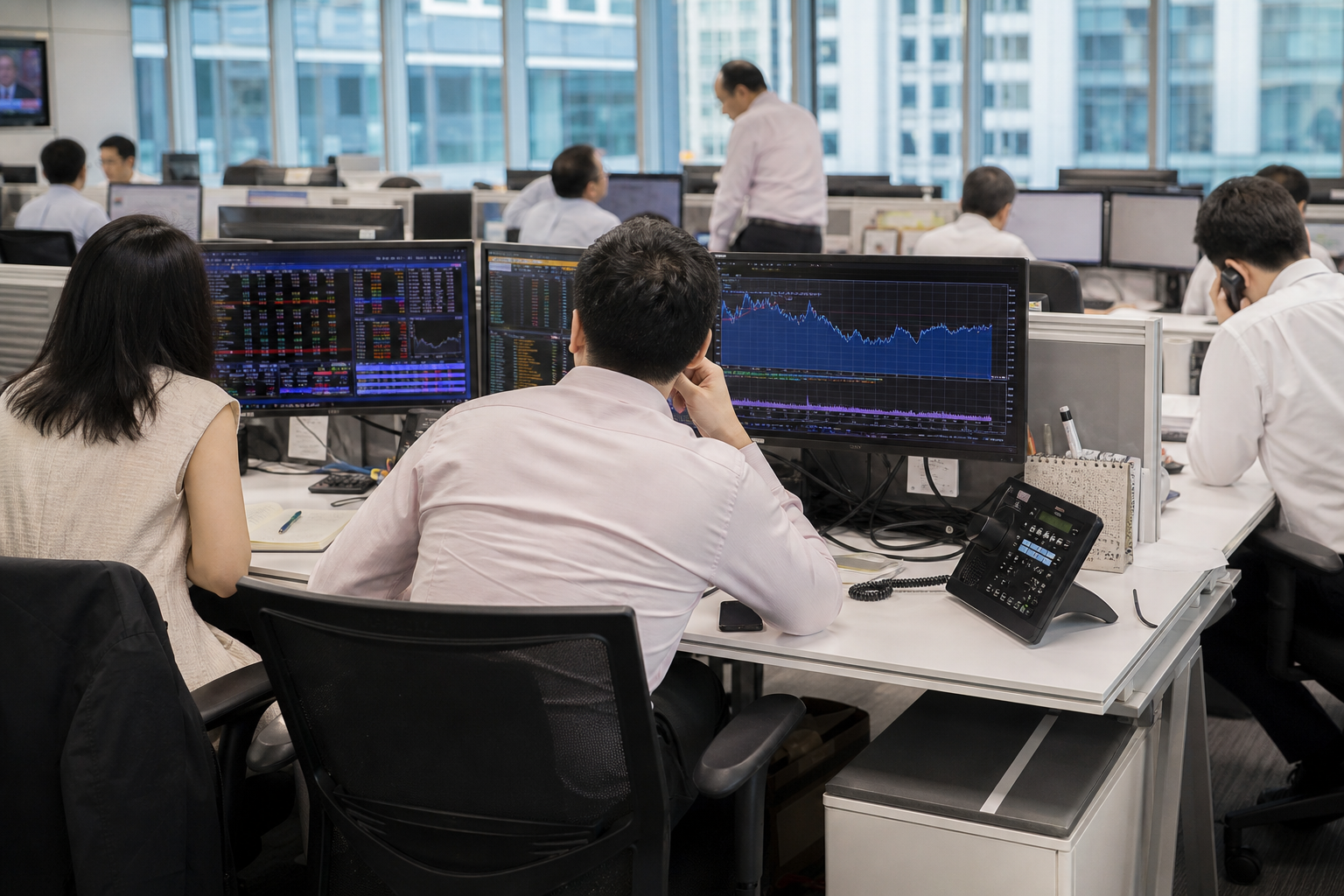 Editorial illustration: A photorealistic Bloomberg-style business news photograph of anonymous institutional investors and equity sales staff re