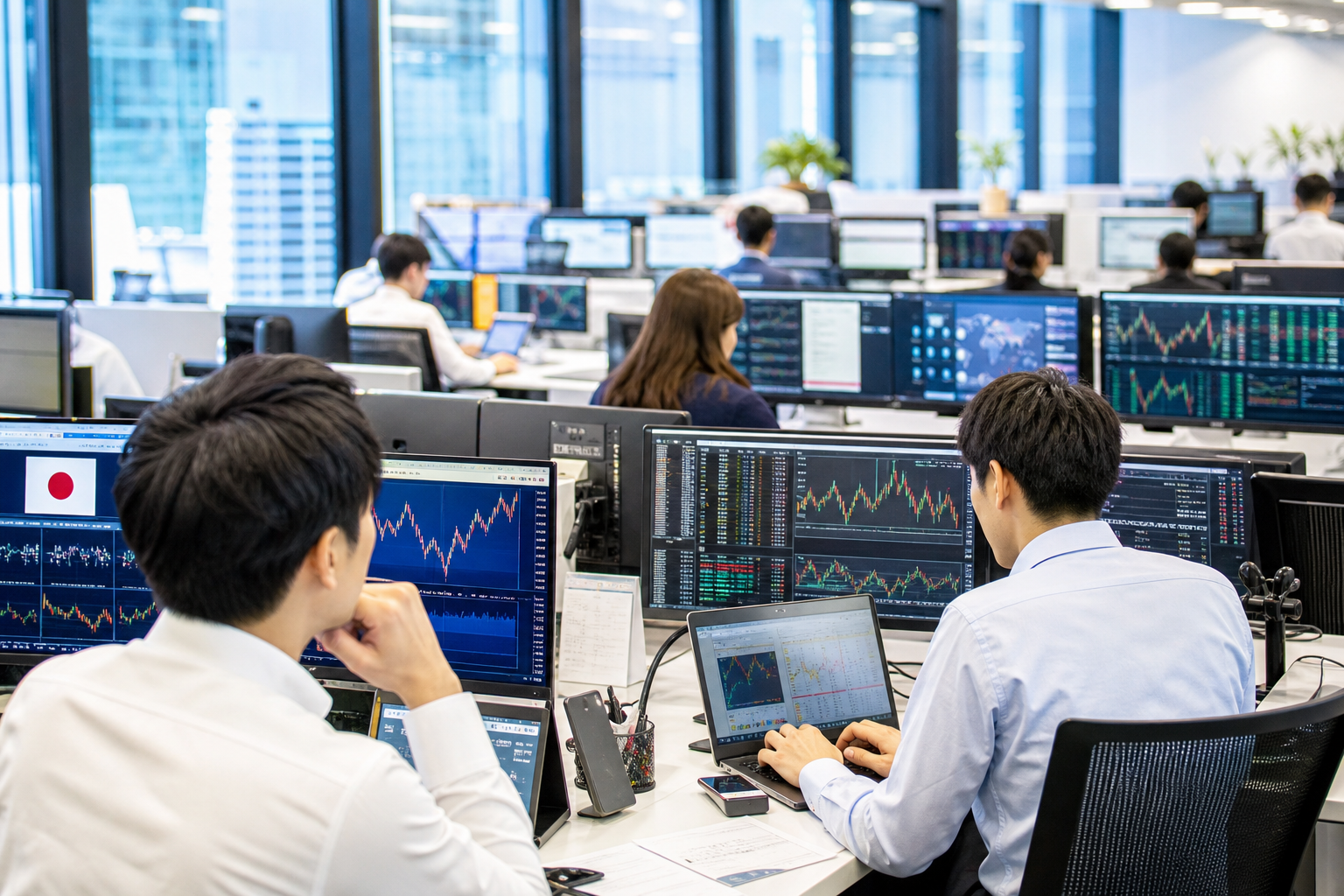Editorial illustration: A photorealistic Reuters-style business news photograph of anonymous portfolio managers and analysts working at a bright