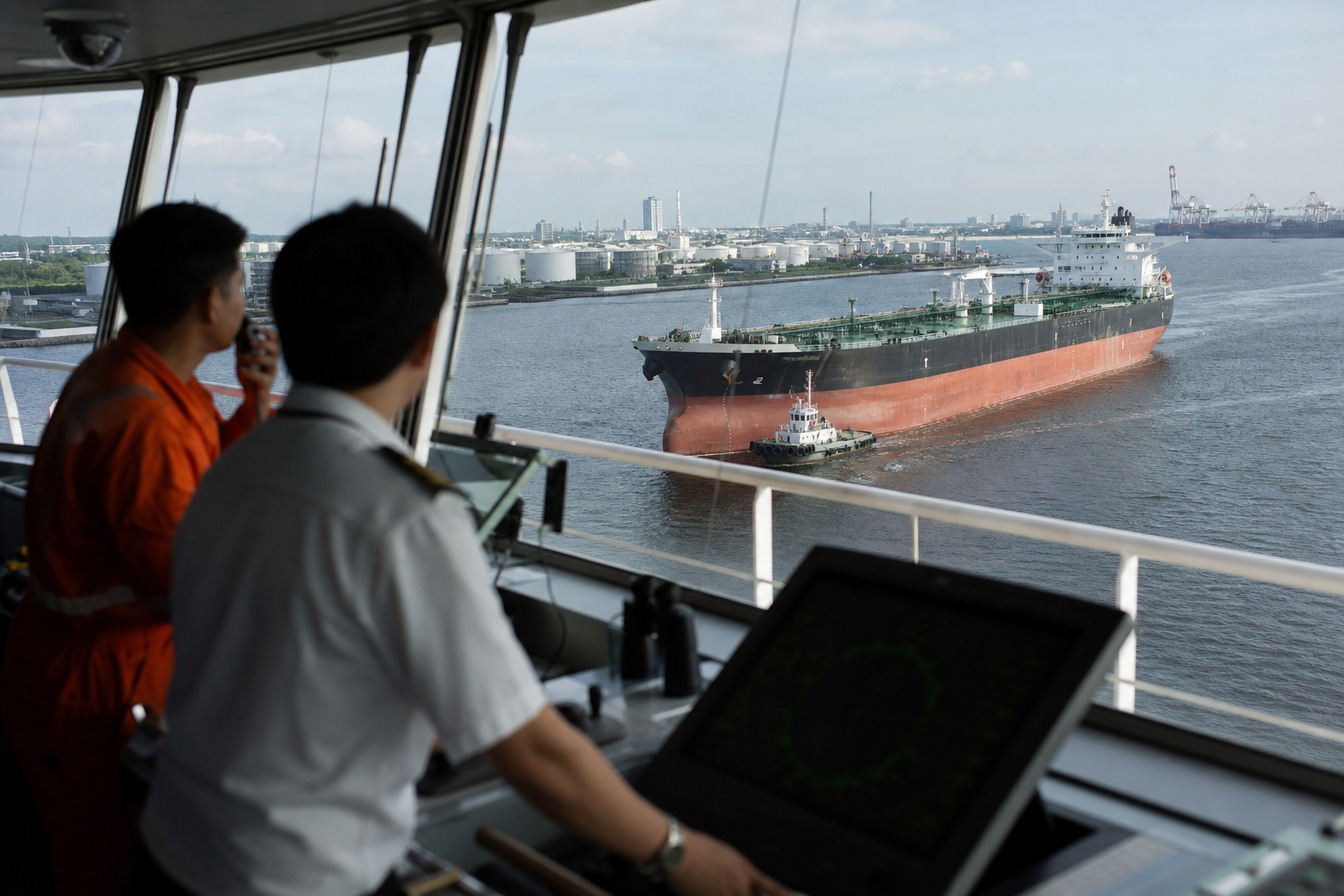 Editorial illustration: A photorealistic Reuters-style business-news photograph of an oil tanker transiting a bright daytime shipping lane near