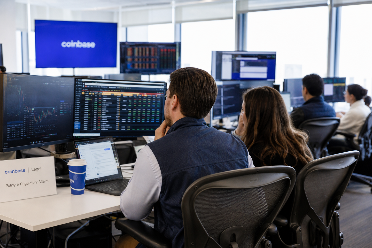 Editorial illustration: PRIMARY SUBJECT — this editorial photo illustrates a story about Coinbase Global, Inc., a Financial - Data & Stock Excha