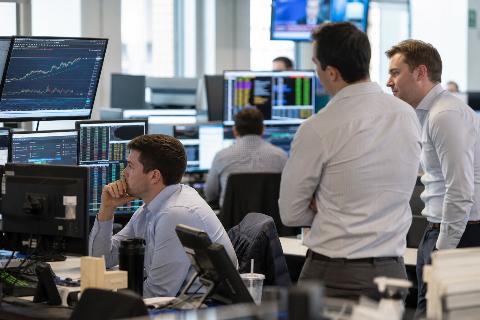 Editorial illustration: A photorealistic Bloomberg-style scene inside a busy U.S. trading floor or macro strategist desk during bright daytime,