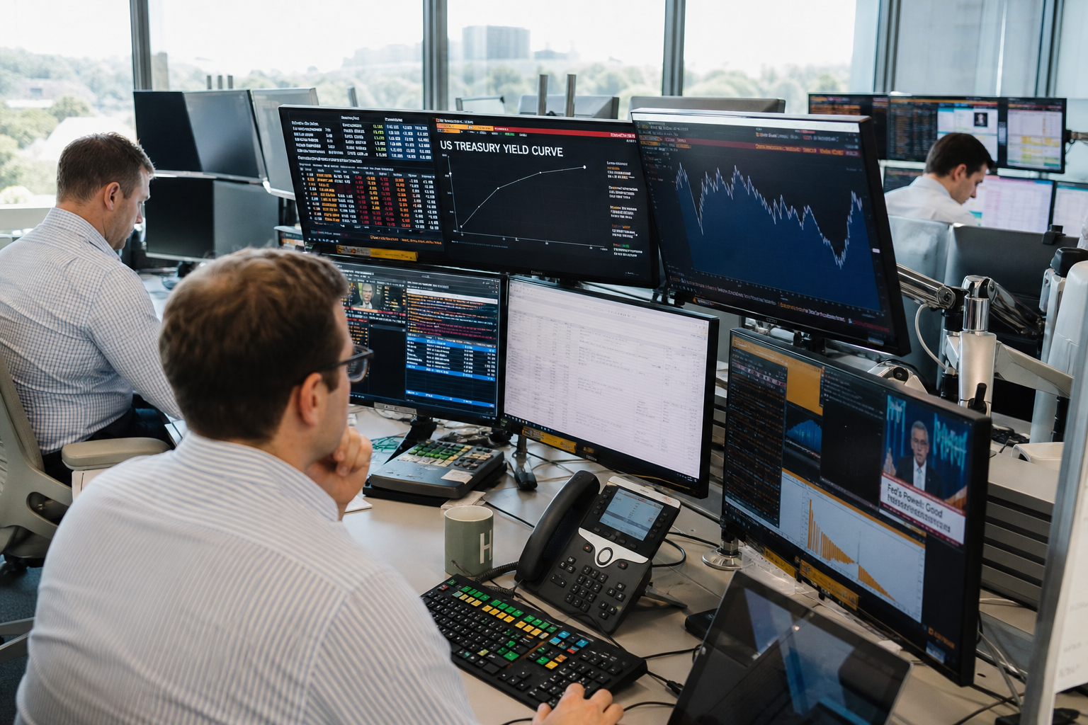 Editorial illustration: A photorealistic Bloomberg-style business-news photograph of an active fixed-income trading desk during bright daytime h