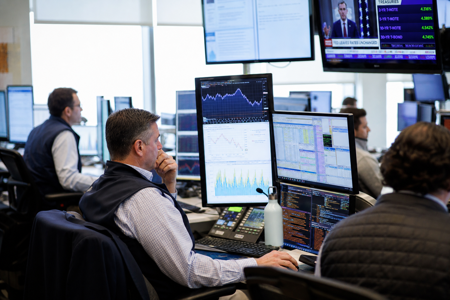 Editorial illustration: A photorealistic Reuters-style scene inside a bright U.S. fixed-income trading floor or macro research desk during dayti