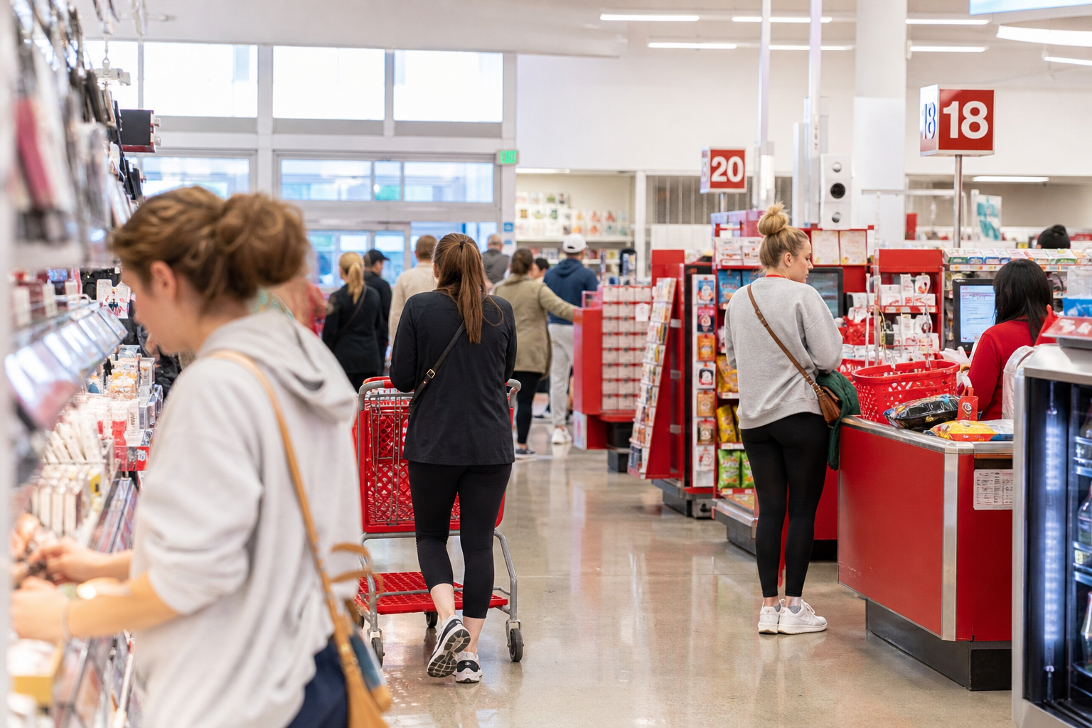 Editorial illustration: A photorealistic Reuters-style business news photograph of anonymous shoppers and store staff moving through a bright, m