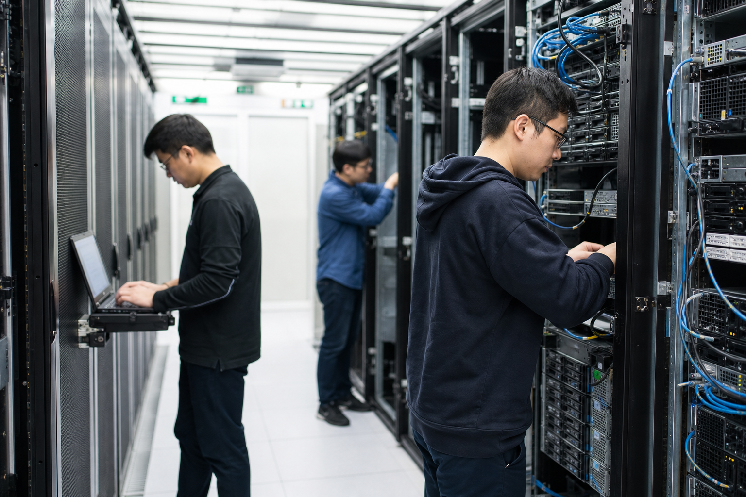Editorial illustration: A photorealistic wire-service style photograph inside a modern AI data center aisle with bright natural-looking high-key