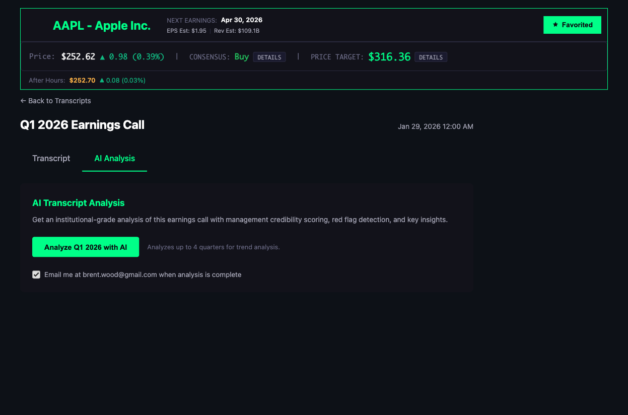 AI transcript analysis interface with one-click earnings call breakdown