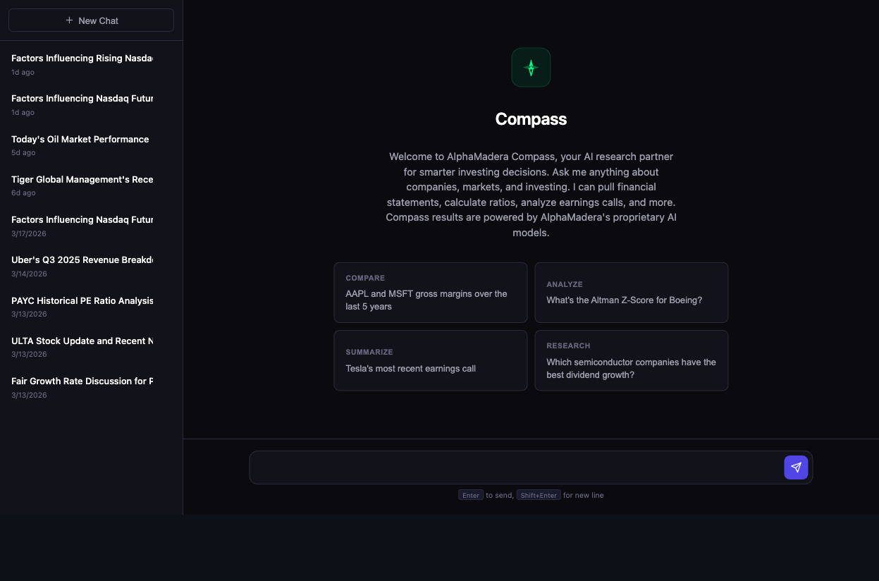 Compass AI chat interface with conversation history and research prompts